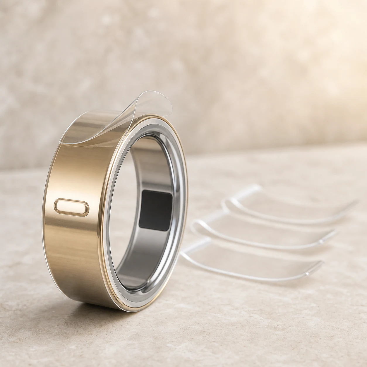 BandRain invisible ring skin shown on a champagne-gold smart ring